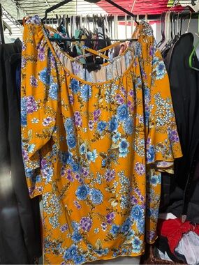 Mustard Floral Off-Shoulder Blouse with Crisscross Back